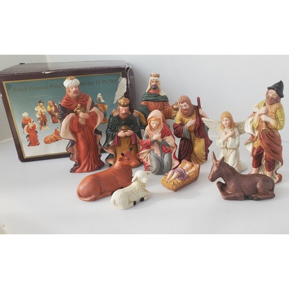 Nativity Set 11 pc Porcelain Vintage Hand Painted NOS Original Box 90s Christmas - Picture 2 of 9